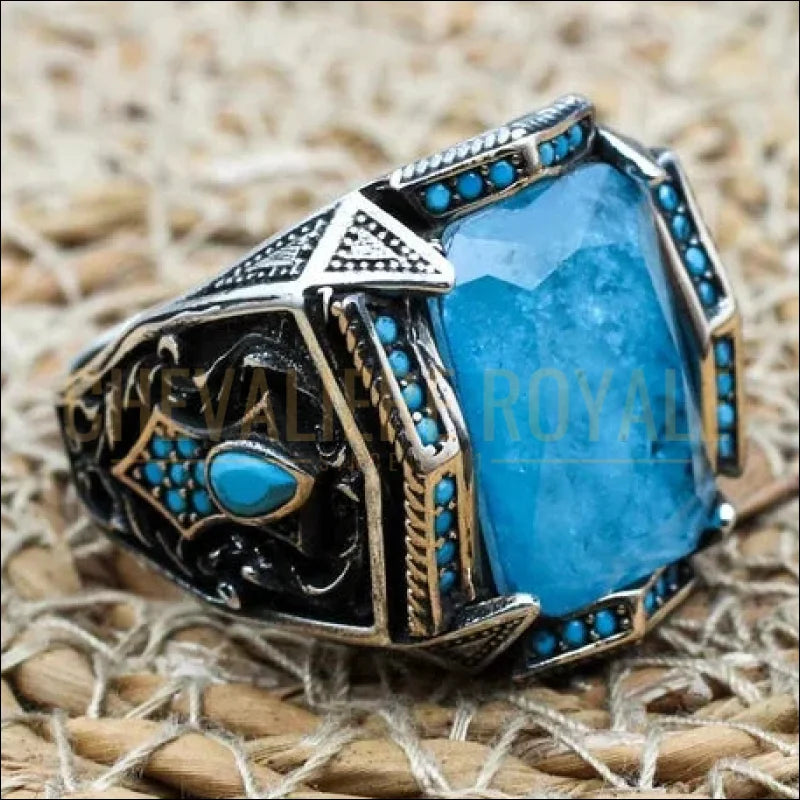 Bijou Unique Chevalière Argent et Aigue-Marine Chevalière Royale