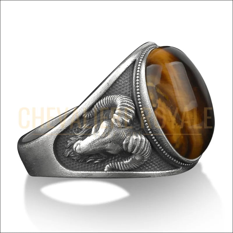 Bijou Chevaliere Homme Belier Bague Chevalière Œil De Tigre Et