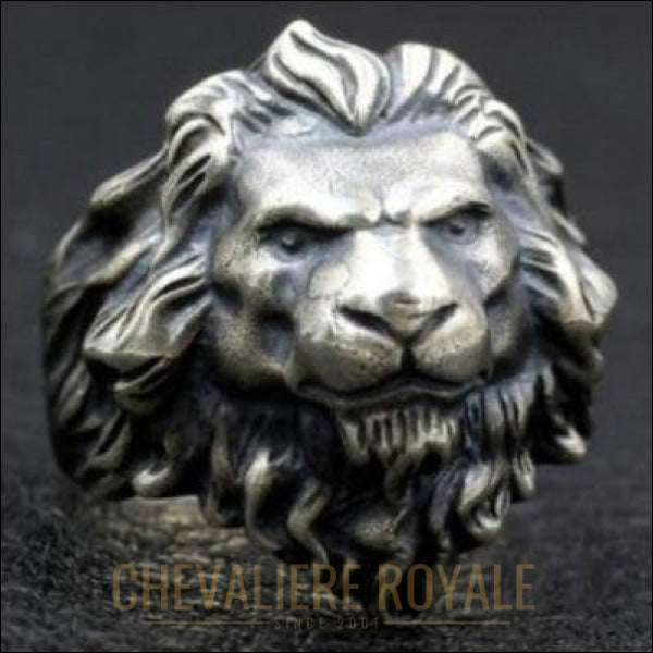 Chevalière royale homme argent ancienne massif tête de lion forme réaliste