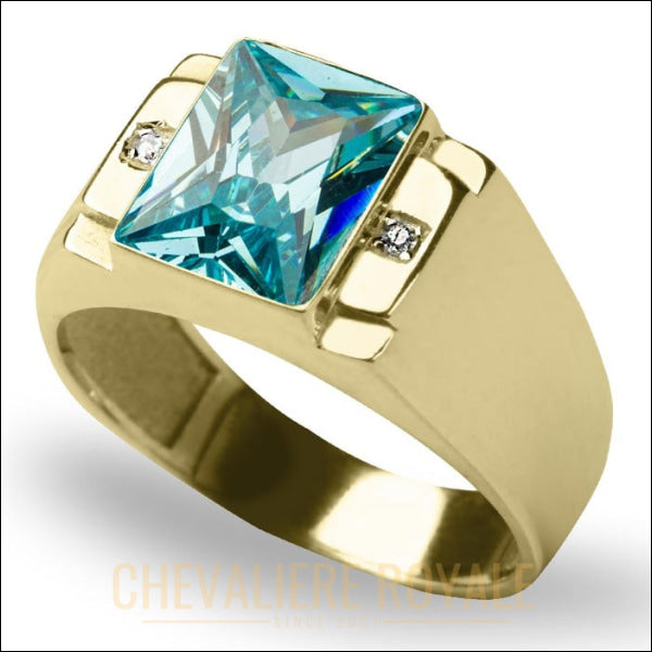 Chevalière de luxe en or jaune : la pierre d'aquamarine et diamants-Chevaliere Royale - 