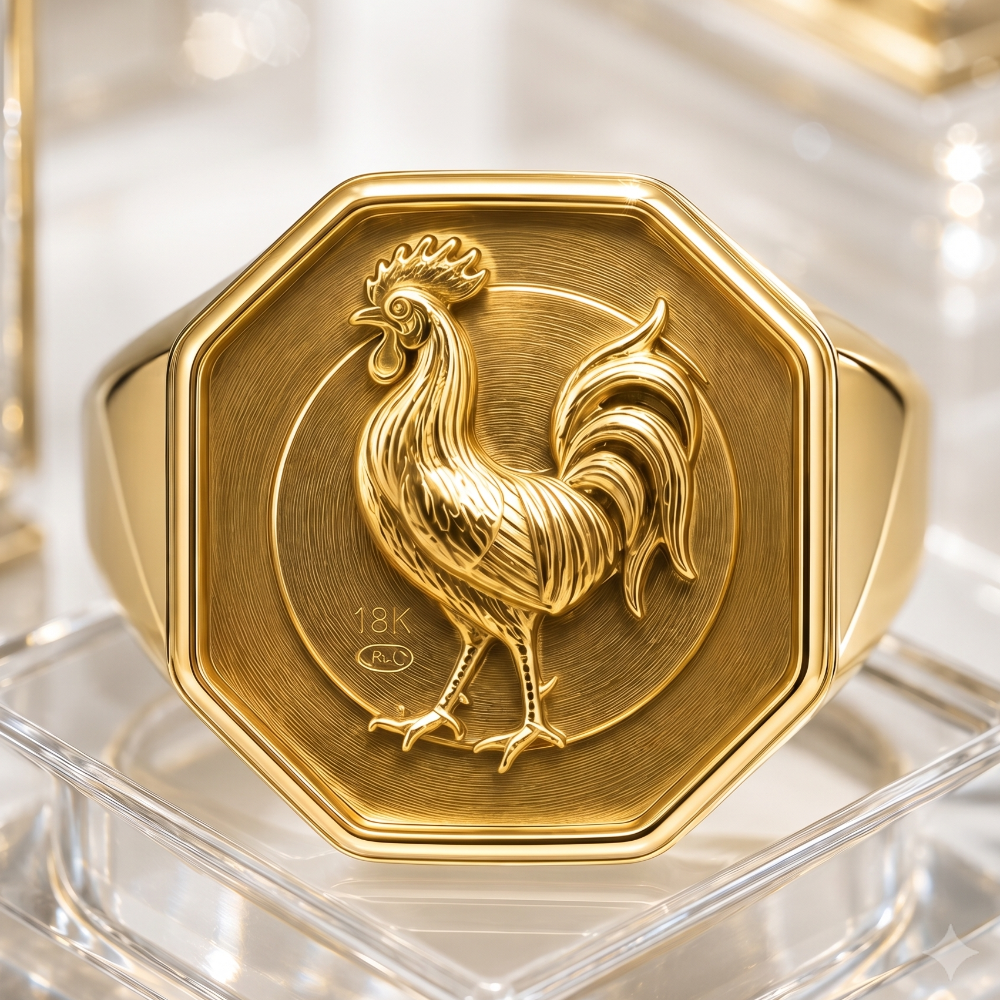 Chevalière Coq FR en OR 18 carats: Fabrication Artisanale sur Mesure