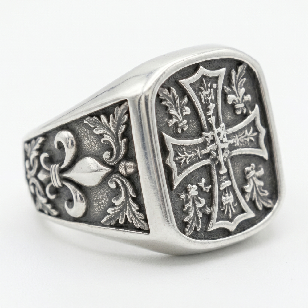 Bague Croix Chrétienne et Fleur de Lys