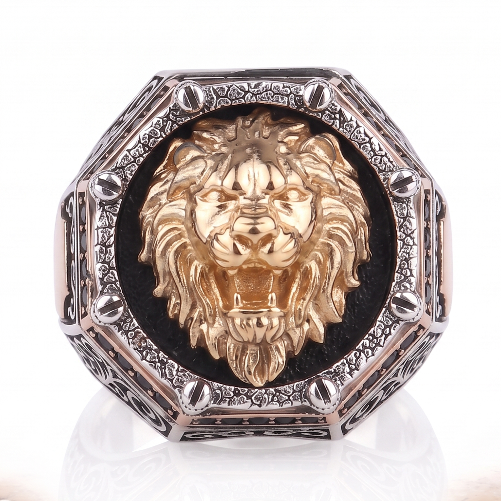 Bague Tête de Lion Majestueuse en Argent, Or 14 Carats et Onyx