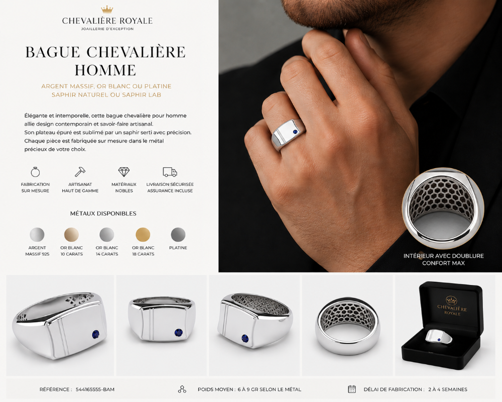 Bague chevalière en argent massif, or blanc ou platine avec saphir