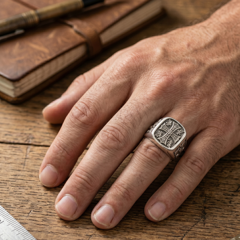 Bague Croix Chrétienne et Fleur de Lys