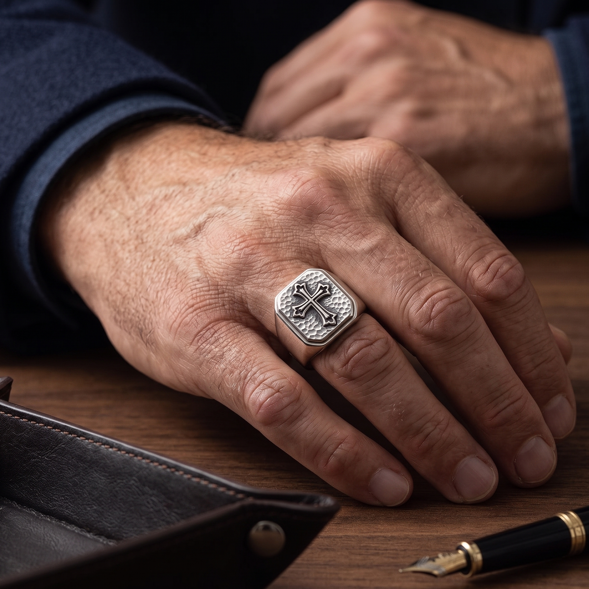Bague Chrétienne en Argent Massif Martelé – Style Gothique Épuré-Chevaliere-Royale