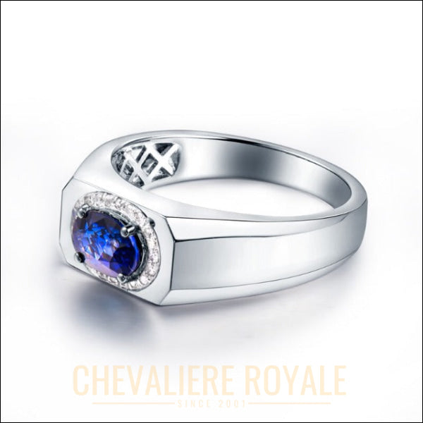 Chevaliere de luxe en or blanc 14K avec saphir bleu : Symbole de distinction-Chevaliere Royale -2