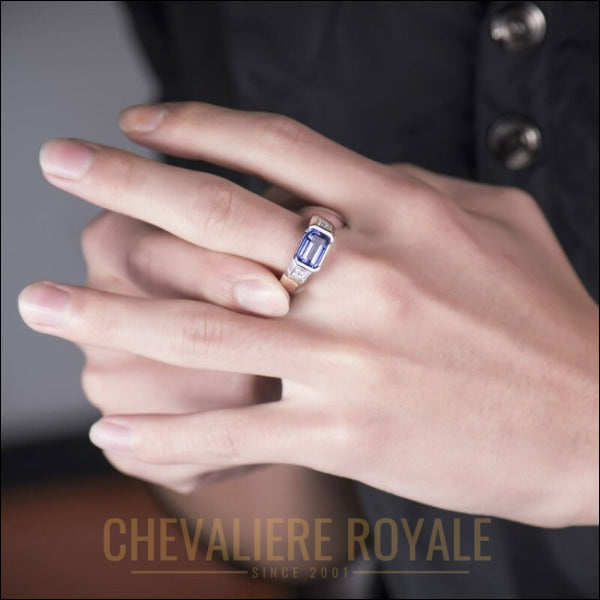 Chevalière Or Blanc 18 carats : Tanzanite et Diamants Brillants- Chevaliere Royale - 458