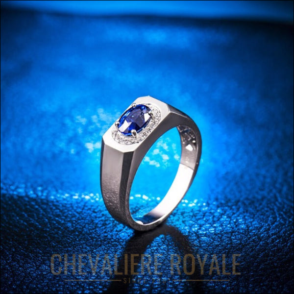 Chevaliere de luxe en or blanc 14K avec saphir bleu : Symbole de distinction-Chevaliere Royale -54