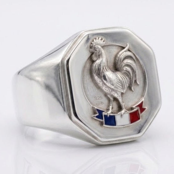Chevalière Coq FR en Argent Massif : Fabrication Artisanale sur Mesure