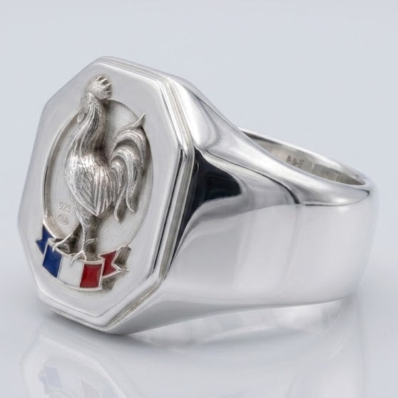 Chevalière Coq FR en Argent Massif : Fabrication Artisanale sur Mesure