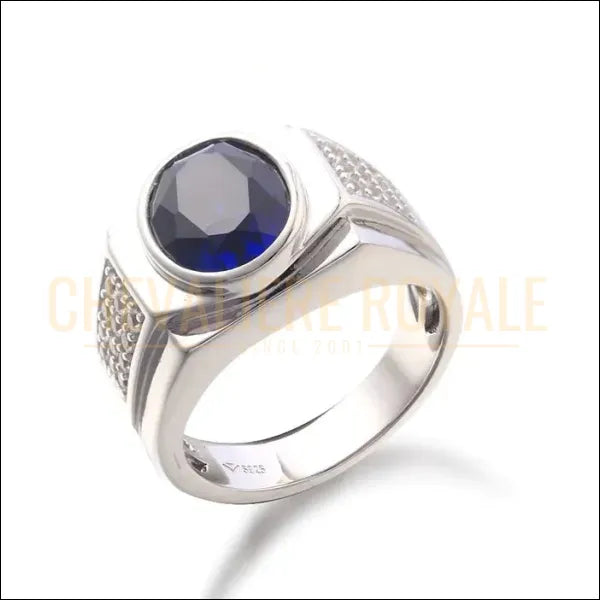 Bague chevalière argent massif en pierre saphir synthétique-Chevaliere Prestige-Royale-5468