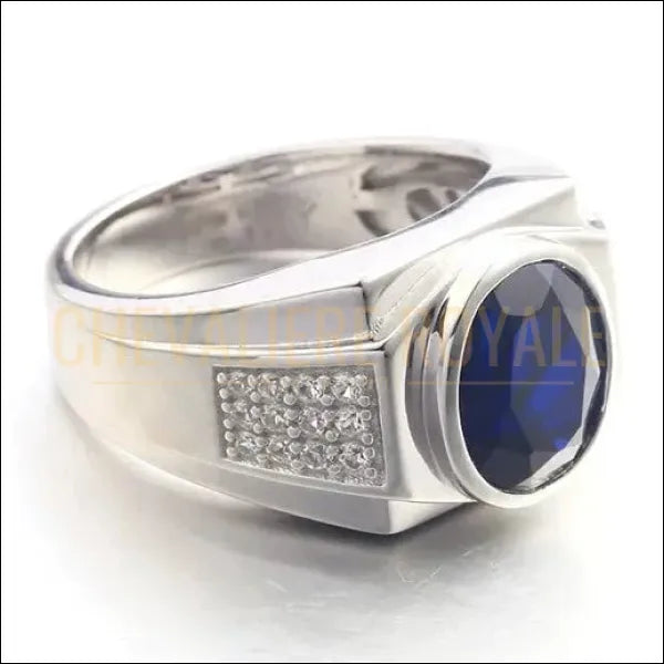 Bague chevalière argent massif en pierre saphir synthétique-Chevaliere Prestige-Royale-