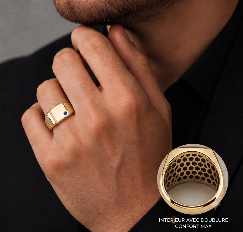 Chevalière Prestige en Or Massif & Saphir Bleu – Finition Nid d'Abeille