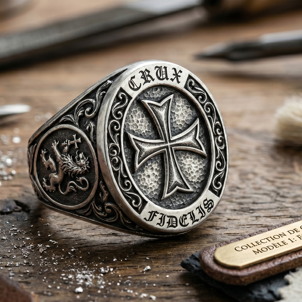 Chevalière Homme Argent Croix Templière | Fleur de Lys & Lion