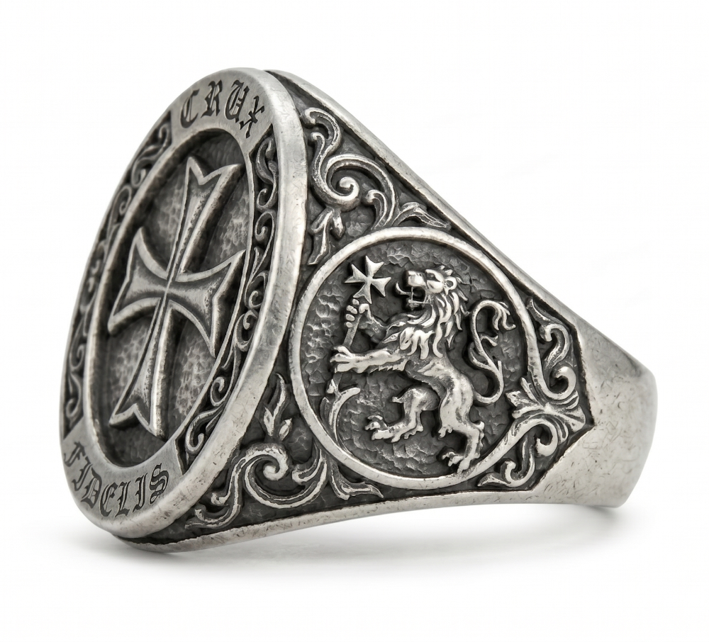Chevalière Homme Argent Croix Templière | Fleur de Lys & Lion