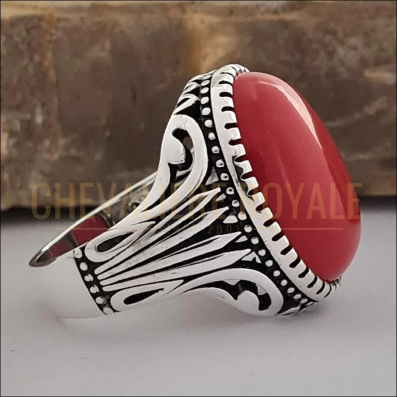 Bague-Corail-Argent-Massif-Chevaliere-homme-avec-Pierre-Corail-Chevaliere-royale