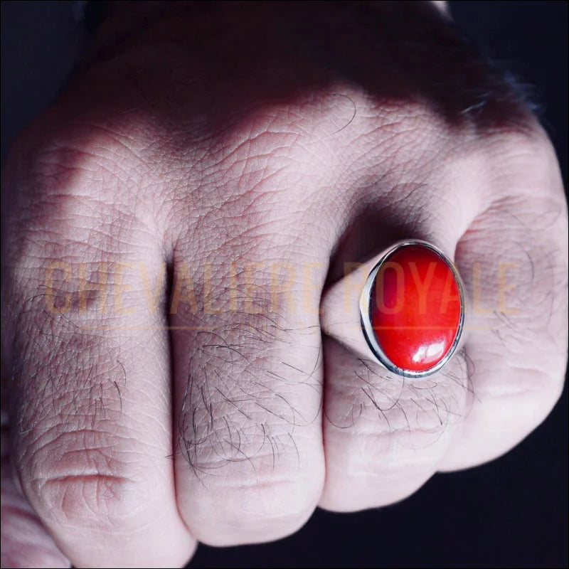 Bague-Hommes-Corail-Rouge-Argent–Chevalière-Artisanale-Chevaliere-Royale-