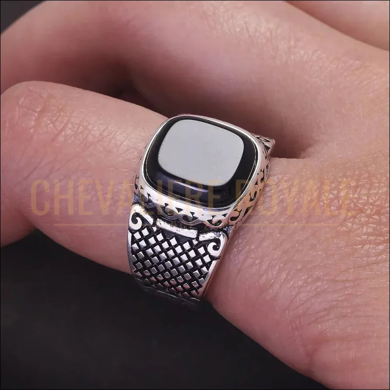 Bague en argent 925 avec pierre onyx noir pour homme
