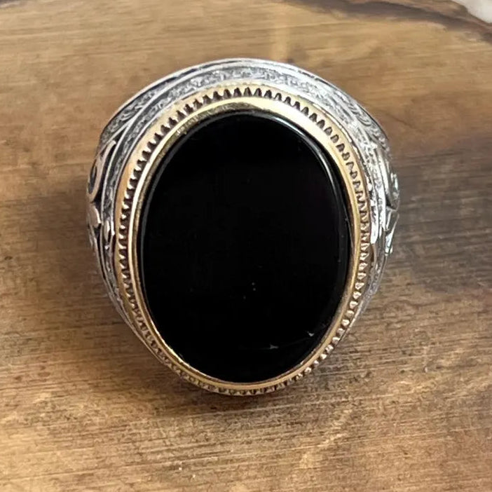 Chevalière homme argentée | Onyx noire | Motifs fleur de fly