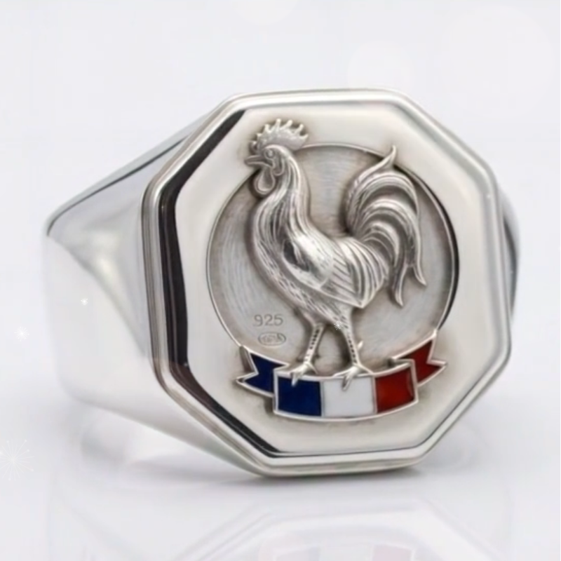 Chevalière Coq FR en Argent Massif : Fabrication Artisanale sur Mesure