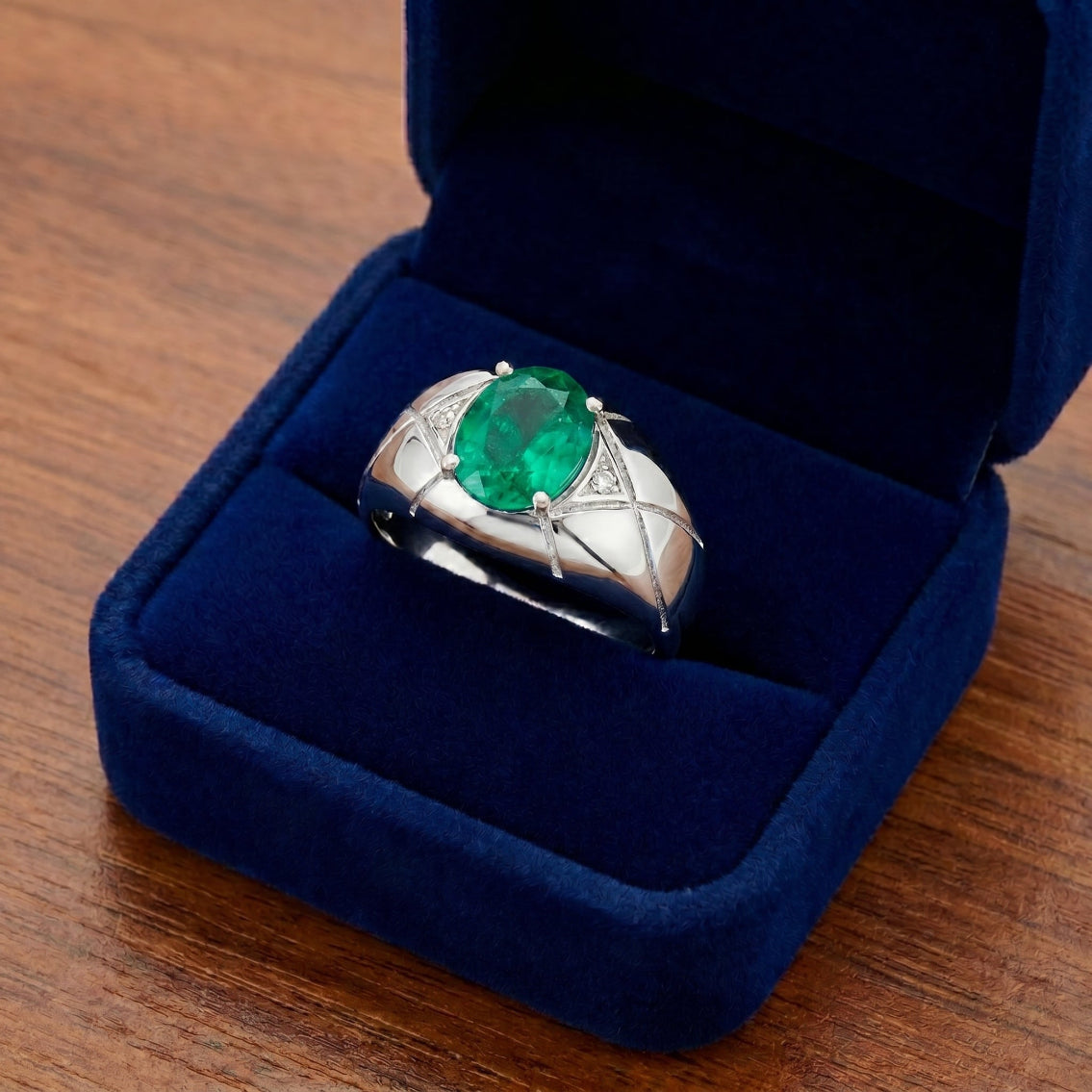 Bague Homme Émeraude et Diamants – Argent Massif Or Blanc 18 Carats
