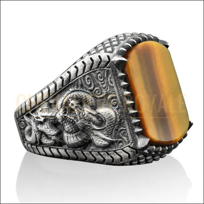 Bague Homme Œil de Tigre avec Design Dragon Azur - Argent Massif-Chevaliere ROyale-