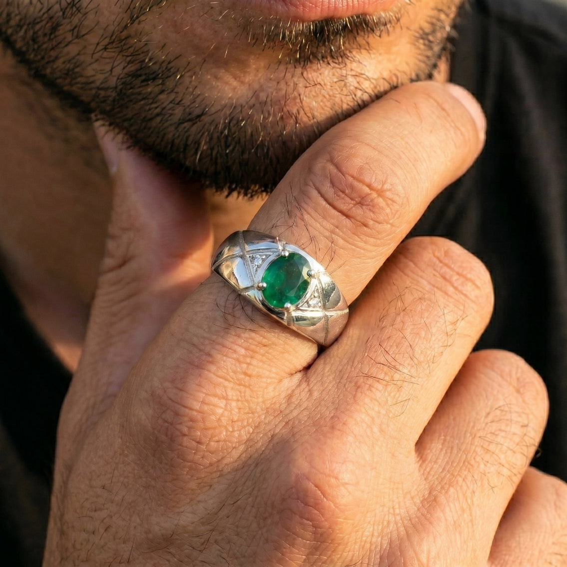 Bague Homme Émeraude et Diamants – Argent Massif Or Blanc 18 Carats