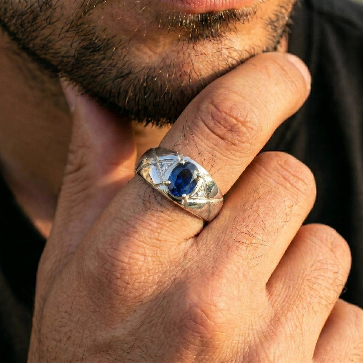 Bague Homme Saphir Bleu & Or Blanc