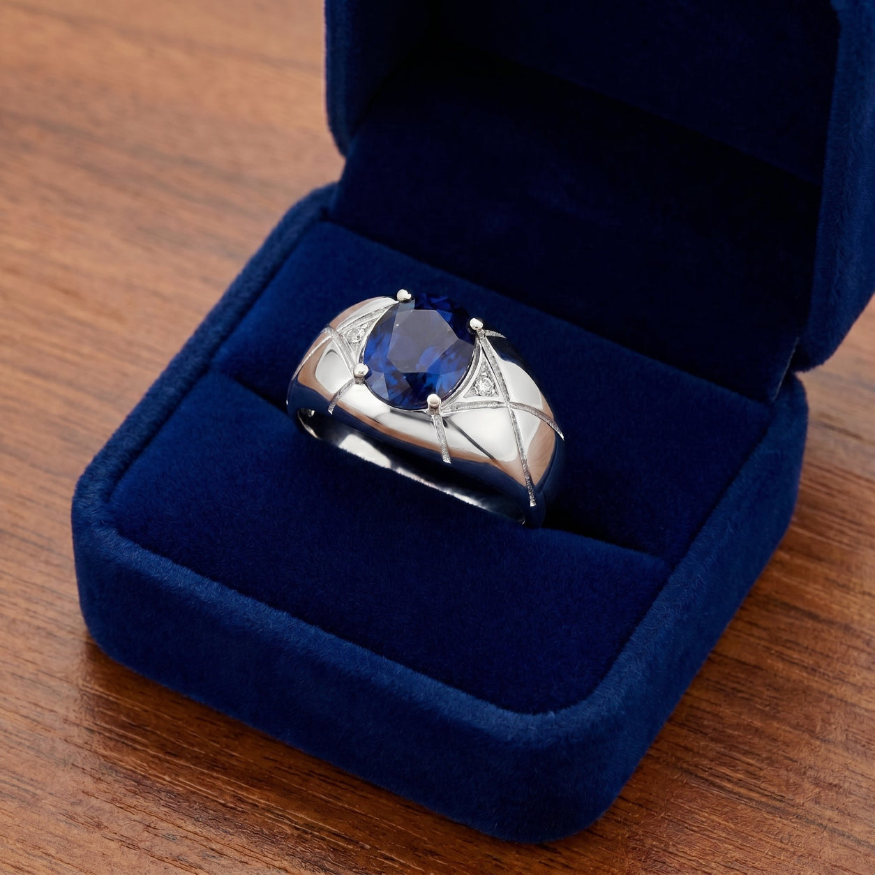 Bague Homme Saphir Bleu & Or Blanc