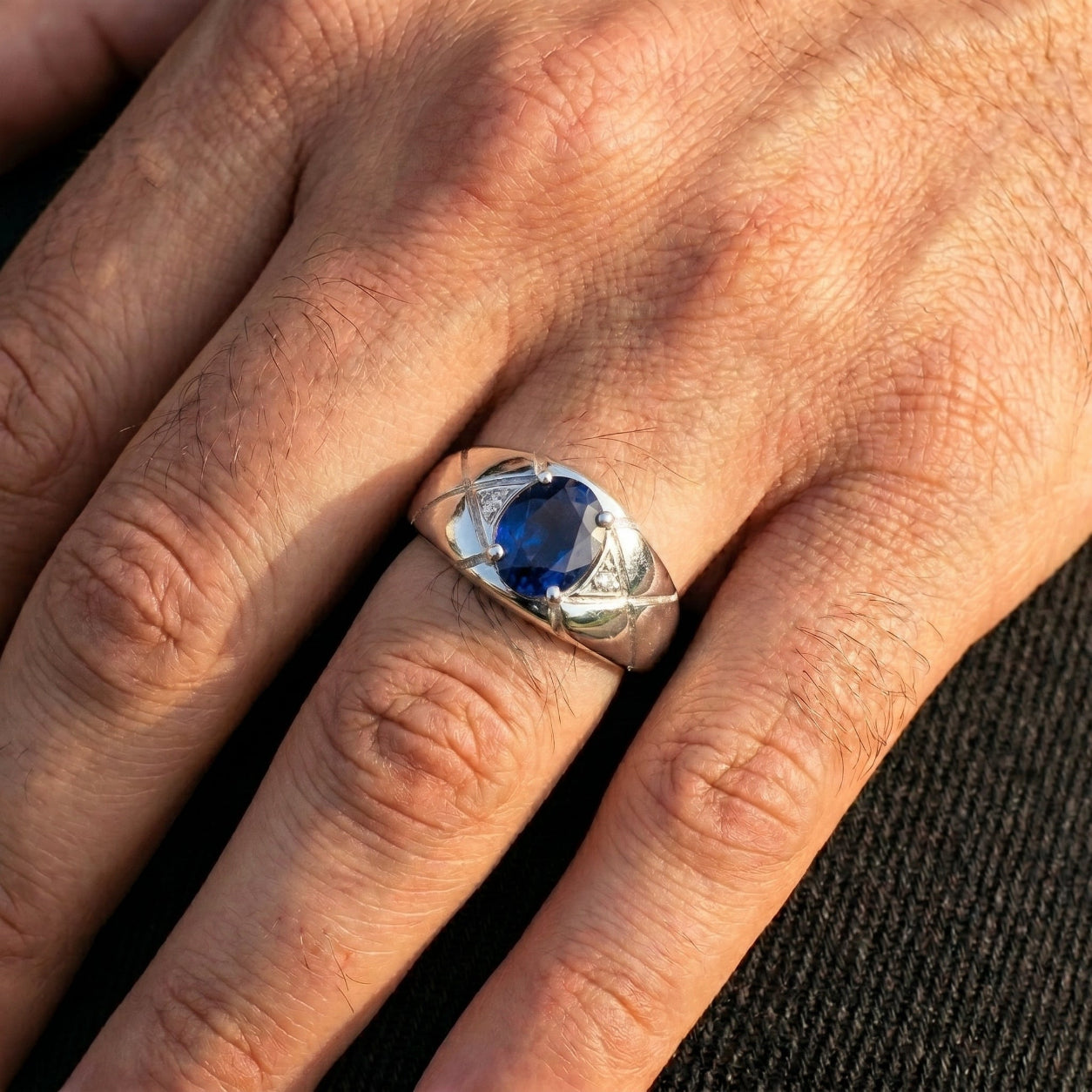 Bague Homme Saphir Bleu & Or Blanc