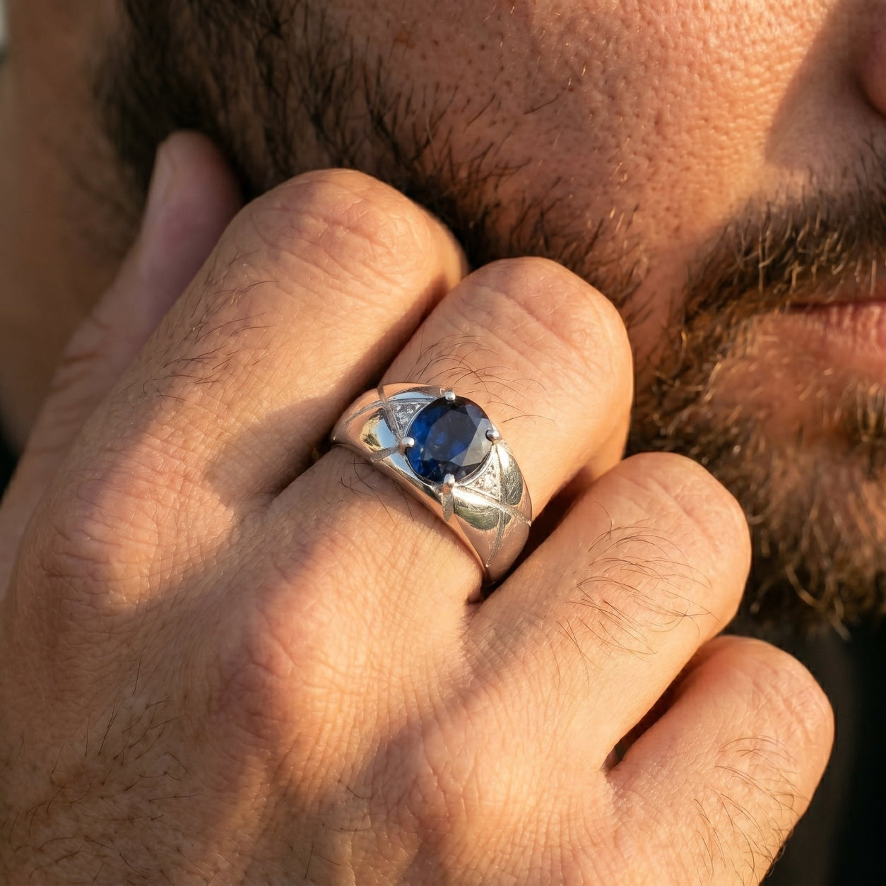 Bague Homme Saphir Bleu & Or Blanc