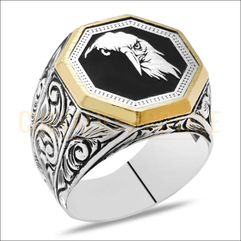 Bague-pour-homme-argent-motif-aigle-grave_-monture-octogonale-sans-pierre-chevaliere-Royale