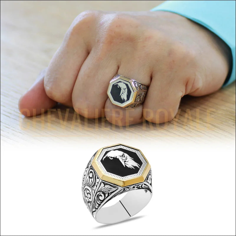 Bague octogonale en argent: motif aigle