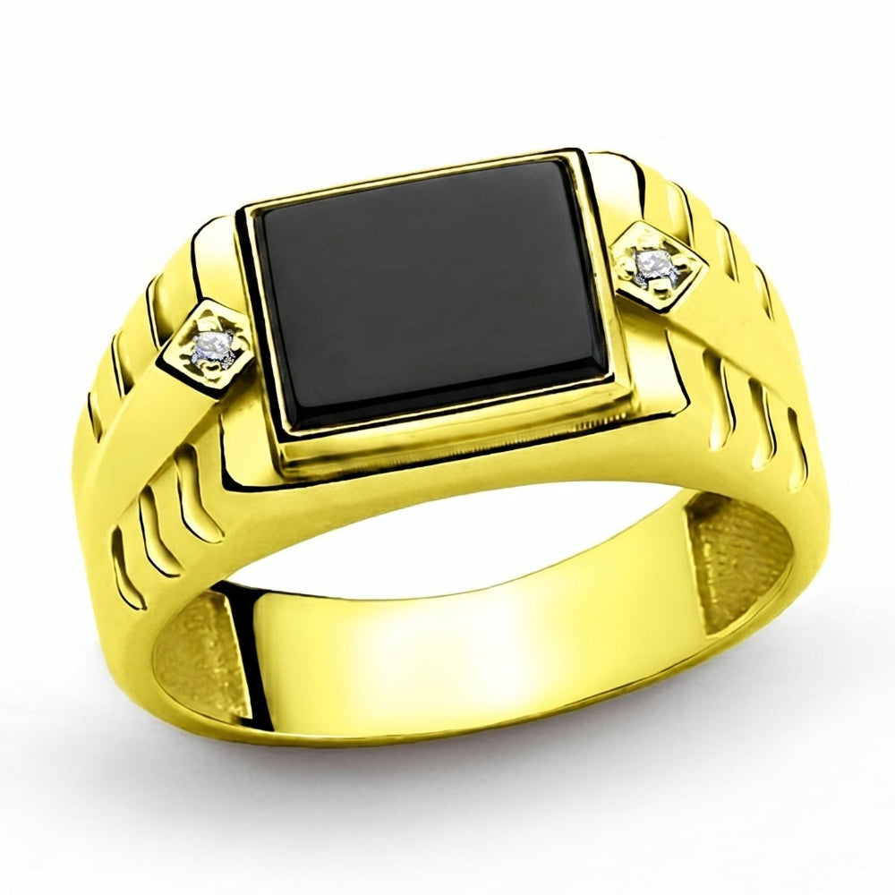 Bague Homme Onyx Noir & Diamants LAB | Argent et Or