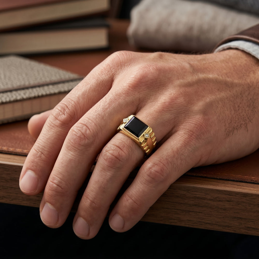 Bague Homme Onyx Noir & Diamants LAB | Argent et Or