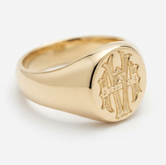 Chevalière  personnalisée en or jaune 14 carats, gravure blason