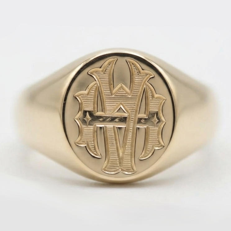 Chevalière  personnalisée en or jaune 14 carats, gravure blason
