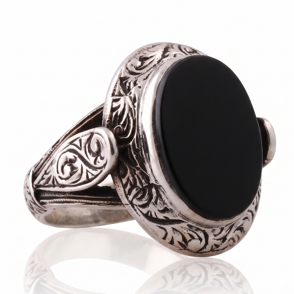 Bague Pierre Onyx Noir Homme : Argent Massif & Gravure Artisanale