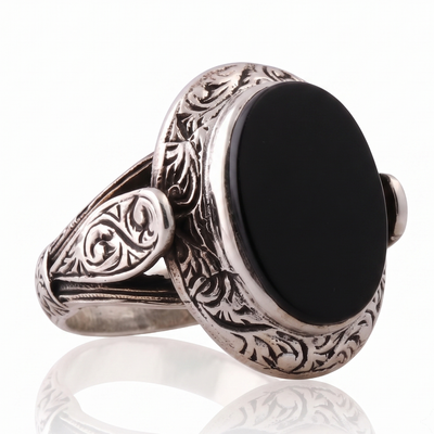 Bague Pierre Onyx Noir Homme : Argent Massif & Gravure Artisanale