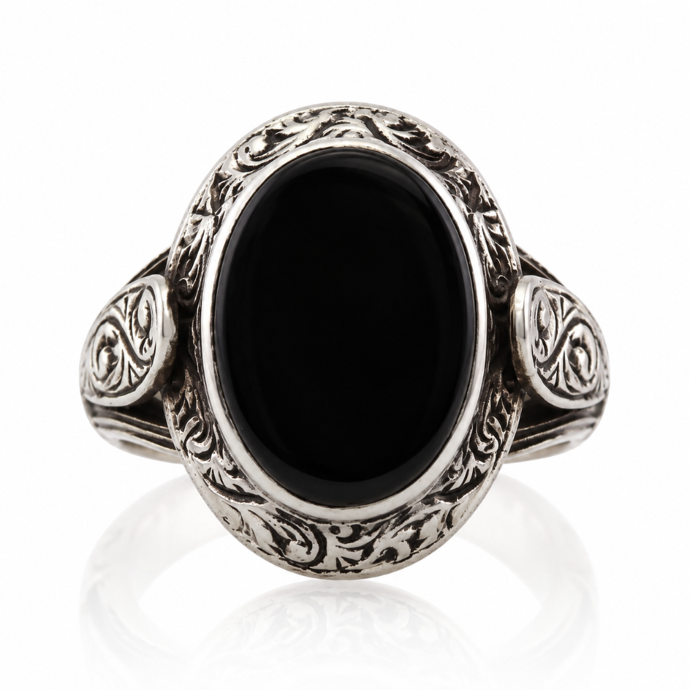 Bague Pierre Onyx Noir Homme : Argent Massif & Gravure Artisanale