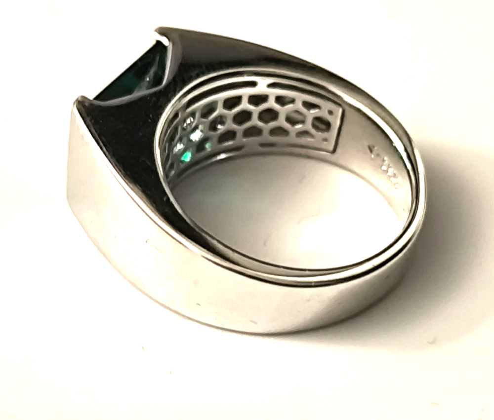 Bague Homme Argent Sterling émeraude Et Gravures Dragon Tigre - Style Art Déco - Taille Ajustable 5 à 15