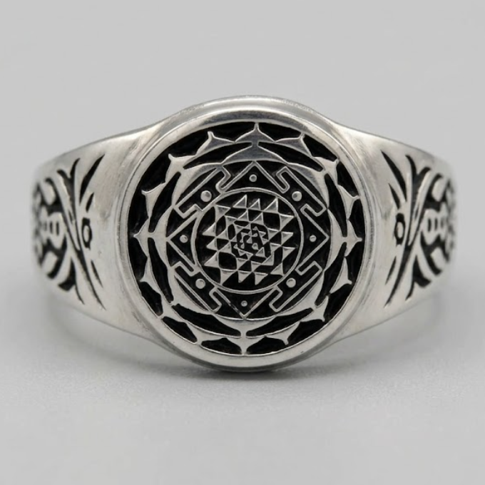 bague-argent-gravure-géométrique-sri-yantra-motifs-tribaux-chevalier-royale