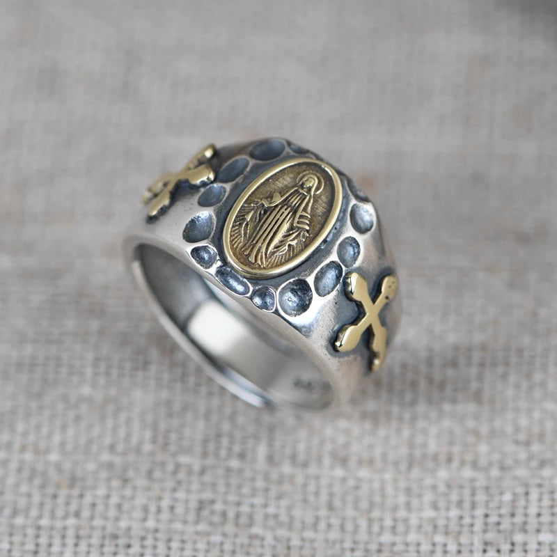 Chevalière argent avec l'image de la vierge Marie et de la Croix