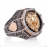 Bague Tête de Lion Majestueuse en Argent, Or 14 Carats et Onyx
