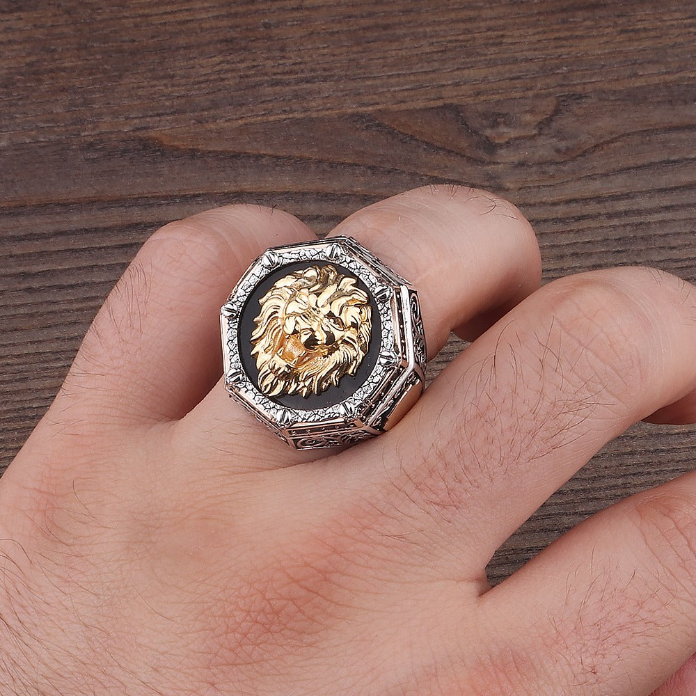 Bague Tête de Lion Majestueuse en Argent, Or 14 Carats et Onyx