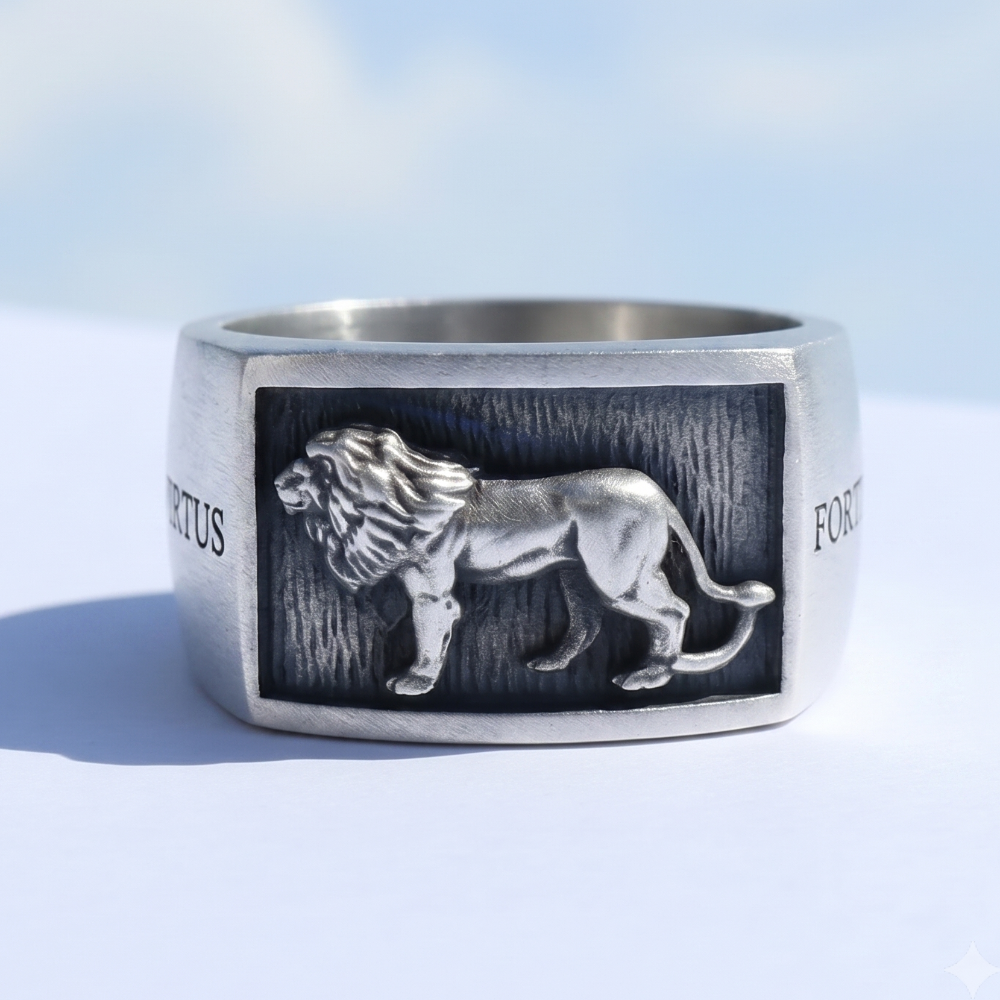 Chevalière homme design lion façonnée en argent et en bronze