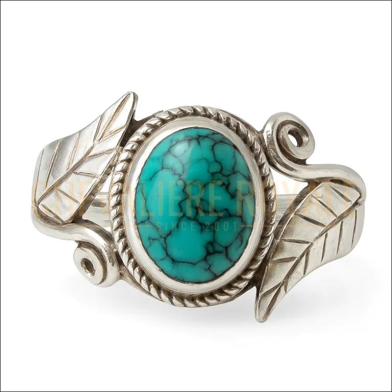 Bague turquoise ovale (8x10 mm) – argent 925 motif feuilles