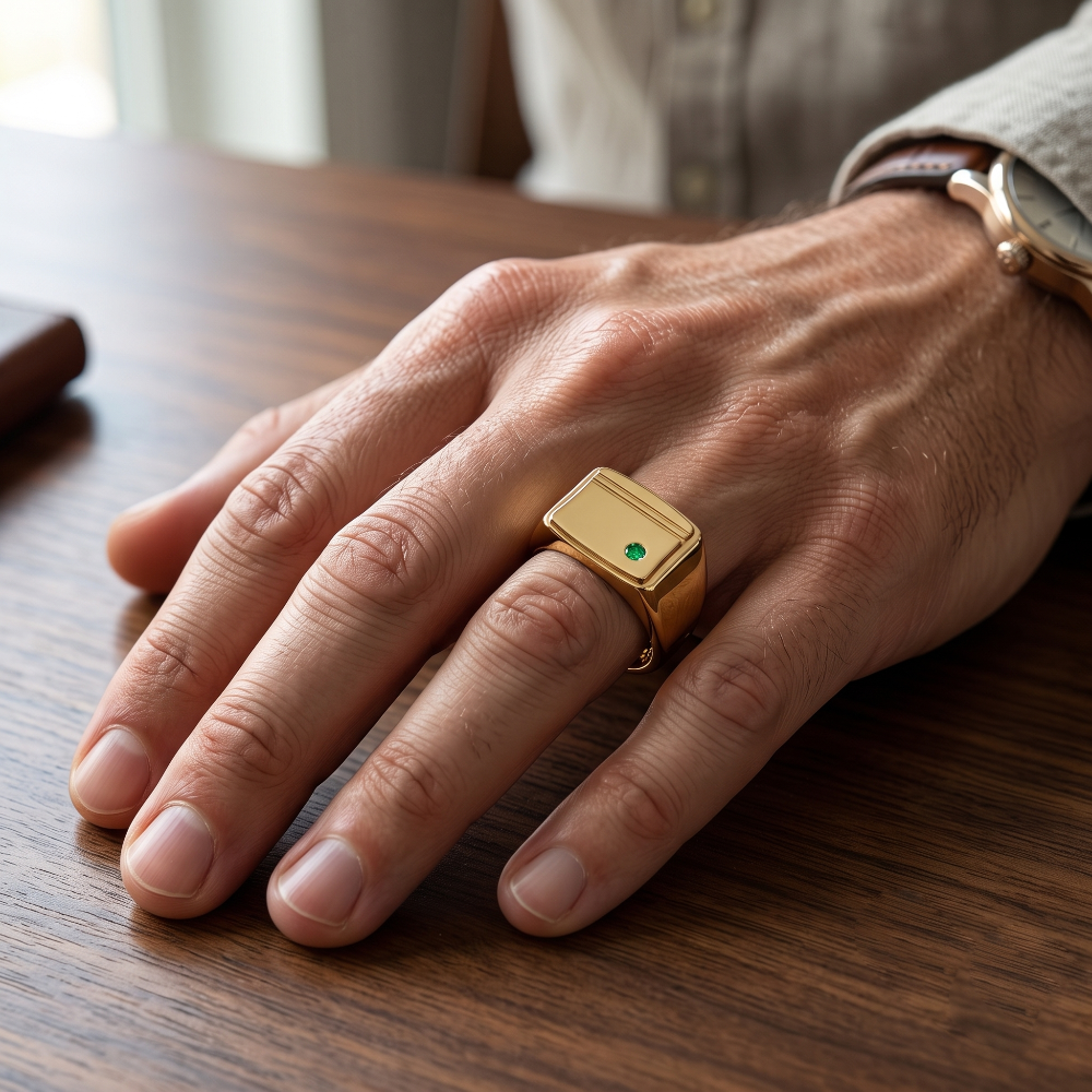 Bague Chevalière Homme Or 10-18k et Émeraude Naturelle