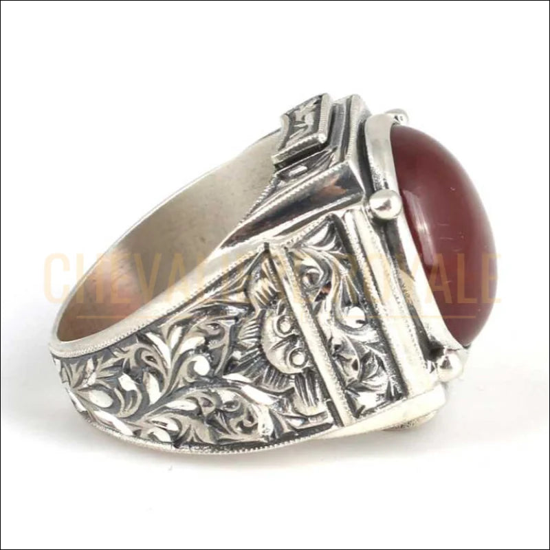 BAGUE-ARGENT-PIERRE-AGATE-ROUGE-CHEVALIERE-ROYALE-46